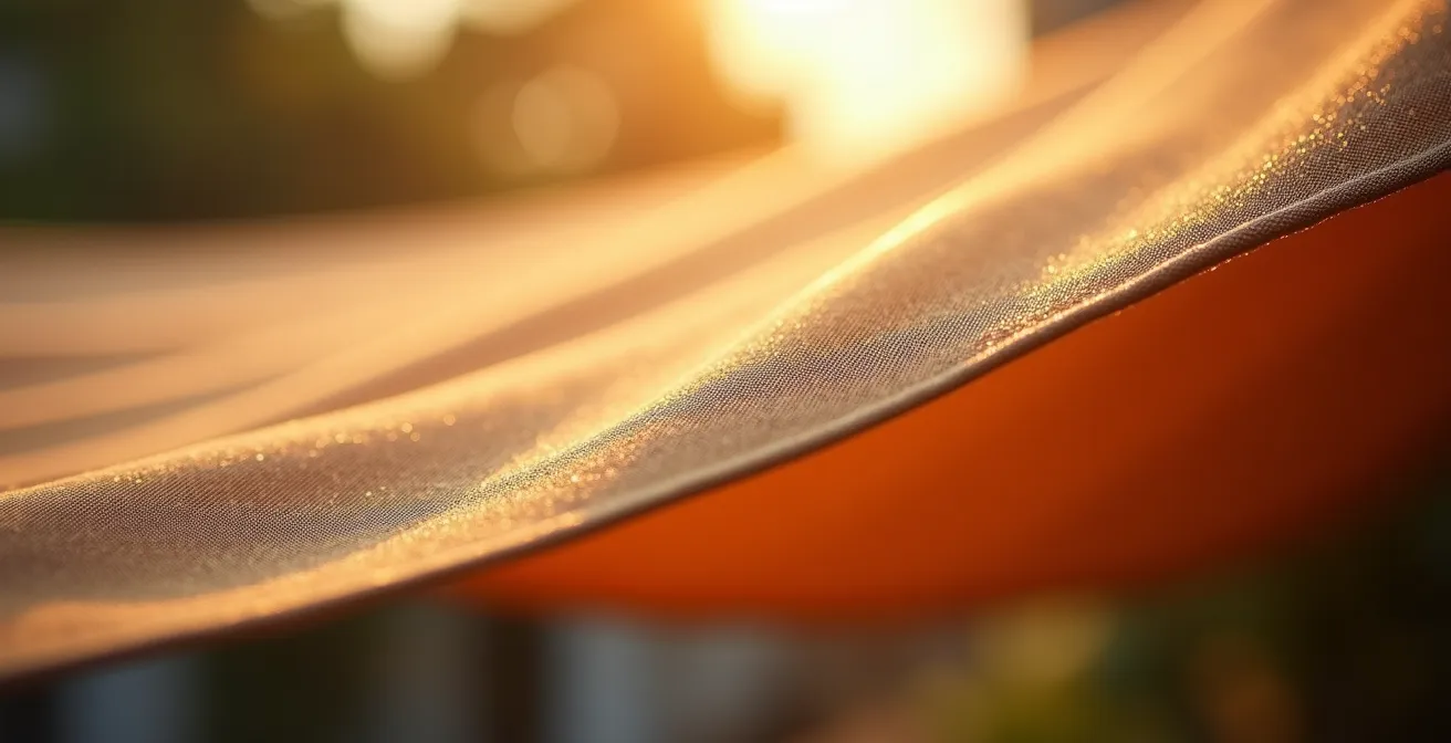 Detalle técnico del flujo de aire caliente entre las dos pendientes de un toldo mostrando la circulación natural y evacuación térmica