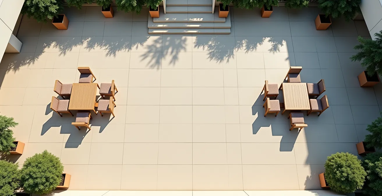 Vista aérea de una terraza con mediciones y proyecciones de sombra mostrando la planificación óptima del espacio