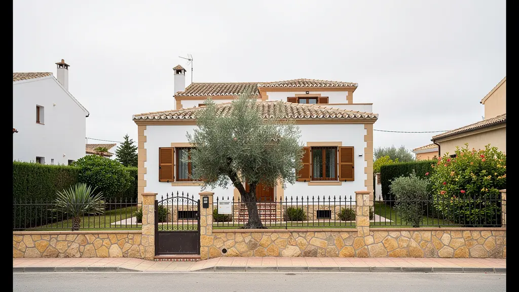 Fachada exterior de casa unifamiliar mediterránea típica española con jardín