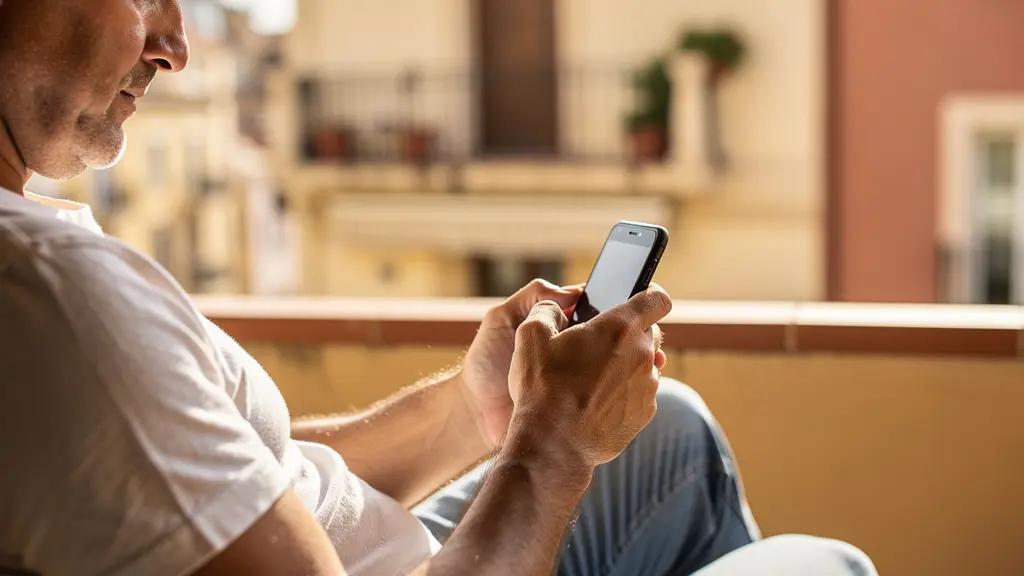 Persona consultando datos inmobiliarios en smartphone desde terraza con vistas urbanas