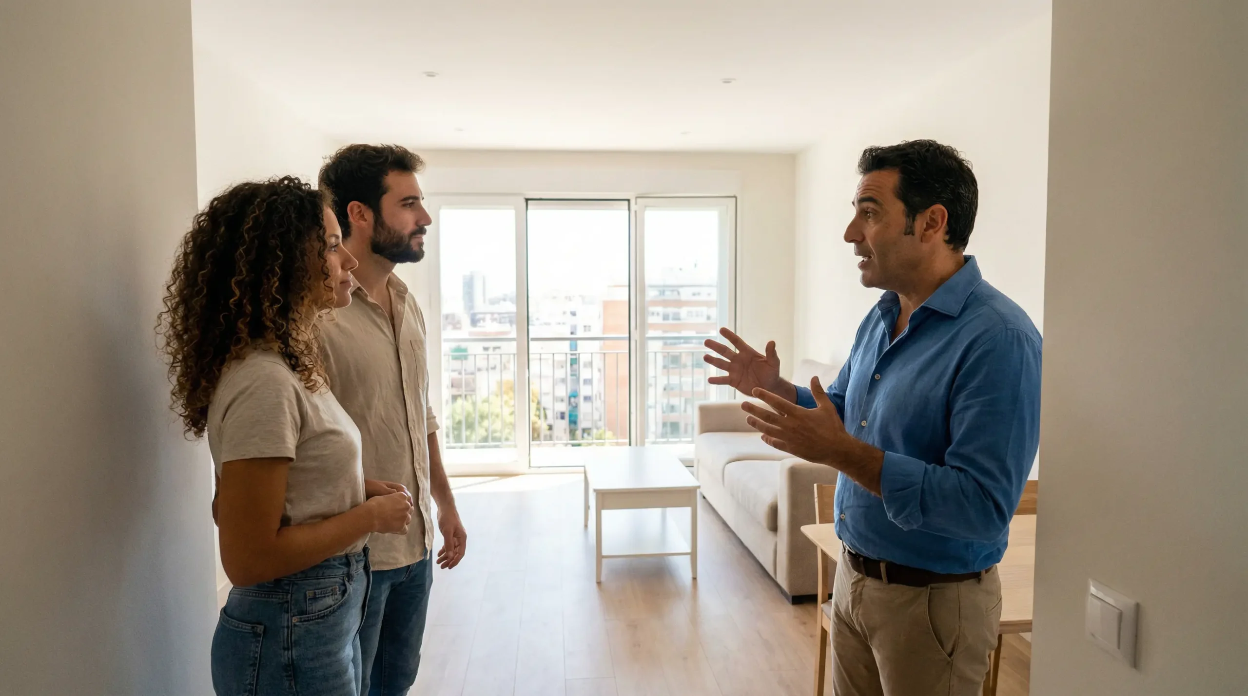 Agente inmobiliario mostrando vivienda a potenciales compradores en Barcelona