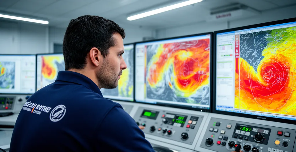 Operador en sala de control industrial verificando sistema de monitorización meteorológica con múltiples pantallas