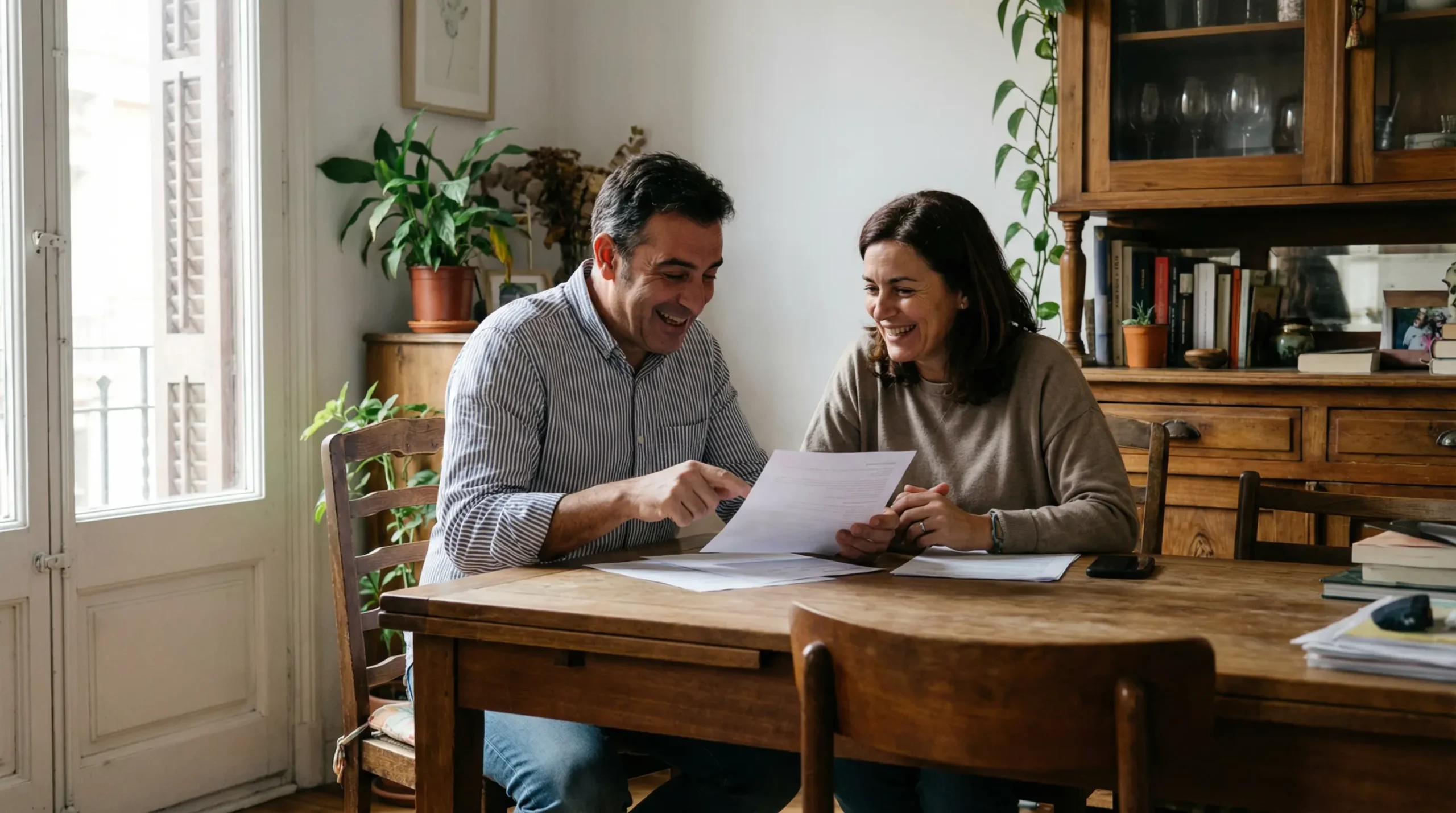 Pareja de mediana edad revisando documentación inmobiliaria en salón barcelonés