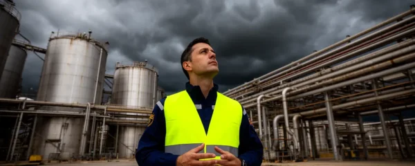Técnico de seguridad observando cielo tormentoso desde zona de carga de planta industrial química
