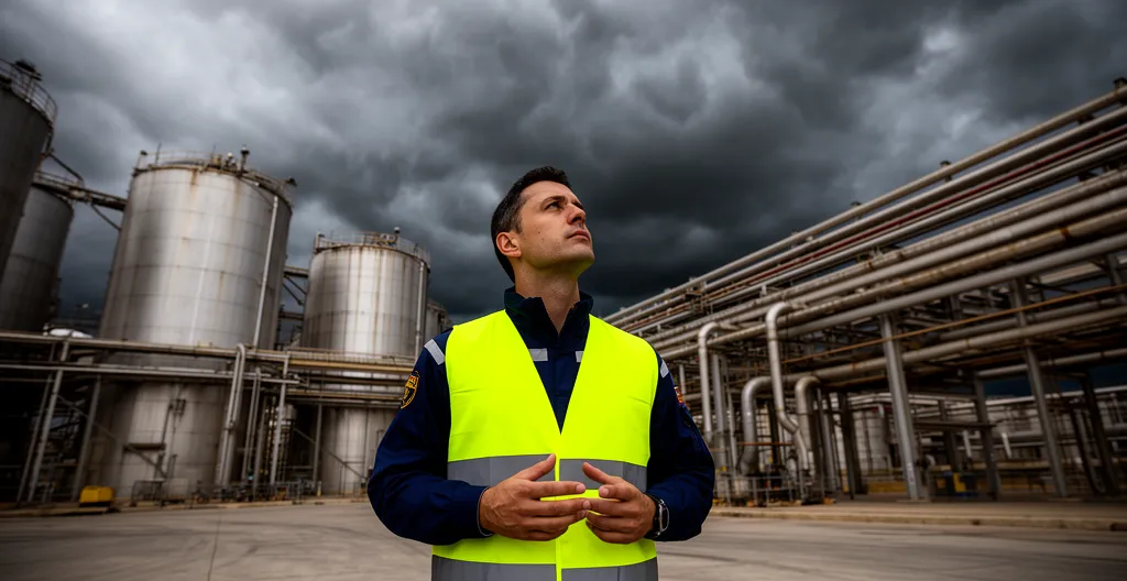 Técnico de seguridad observando cielo tormentoso desde zona de carga de planta industrial química