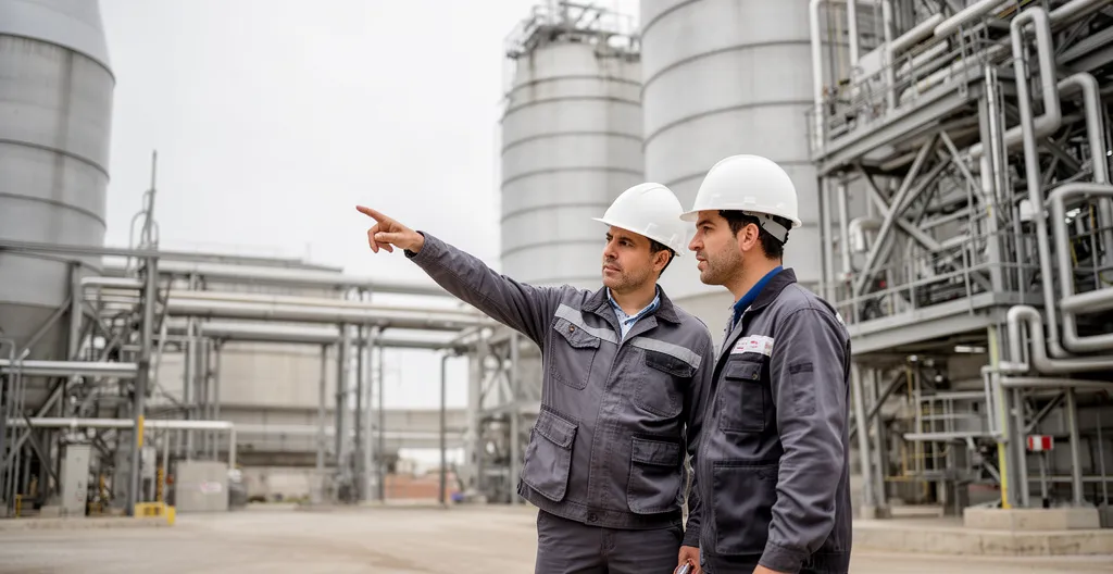 Responsable de HSE y técnico de mantenimiento conversando en zona exterior de planta industrial